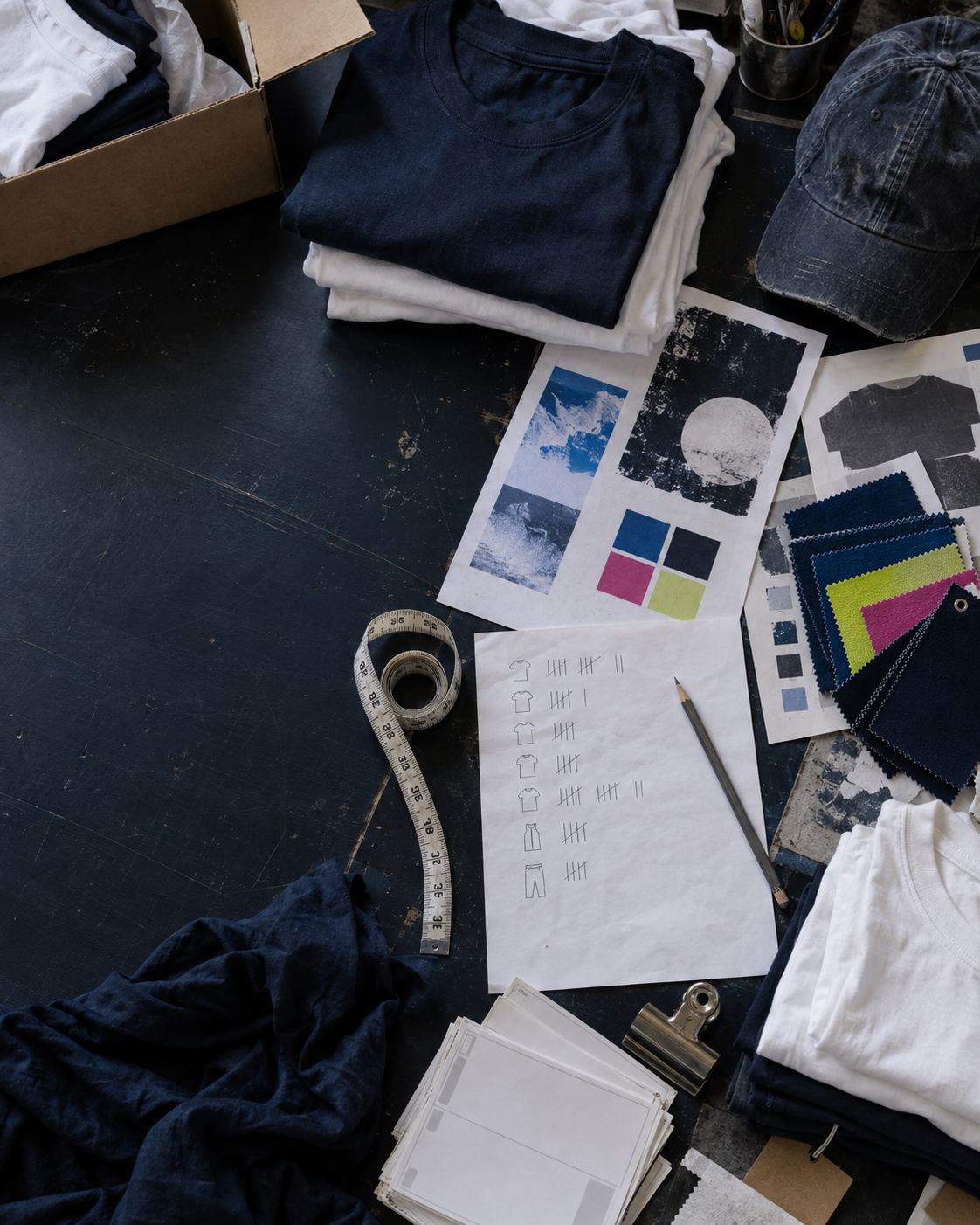 Apparel order details, garment colors, and production notes arranged for review