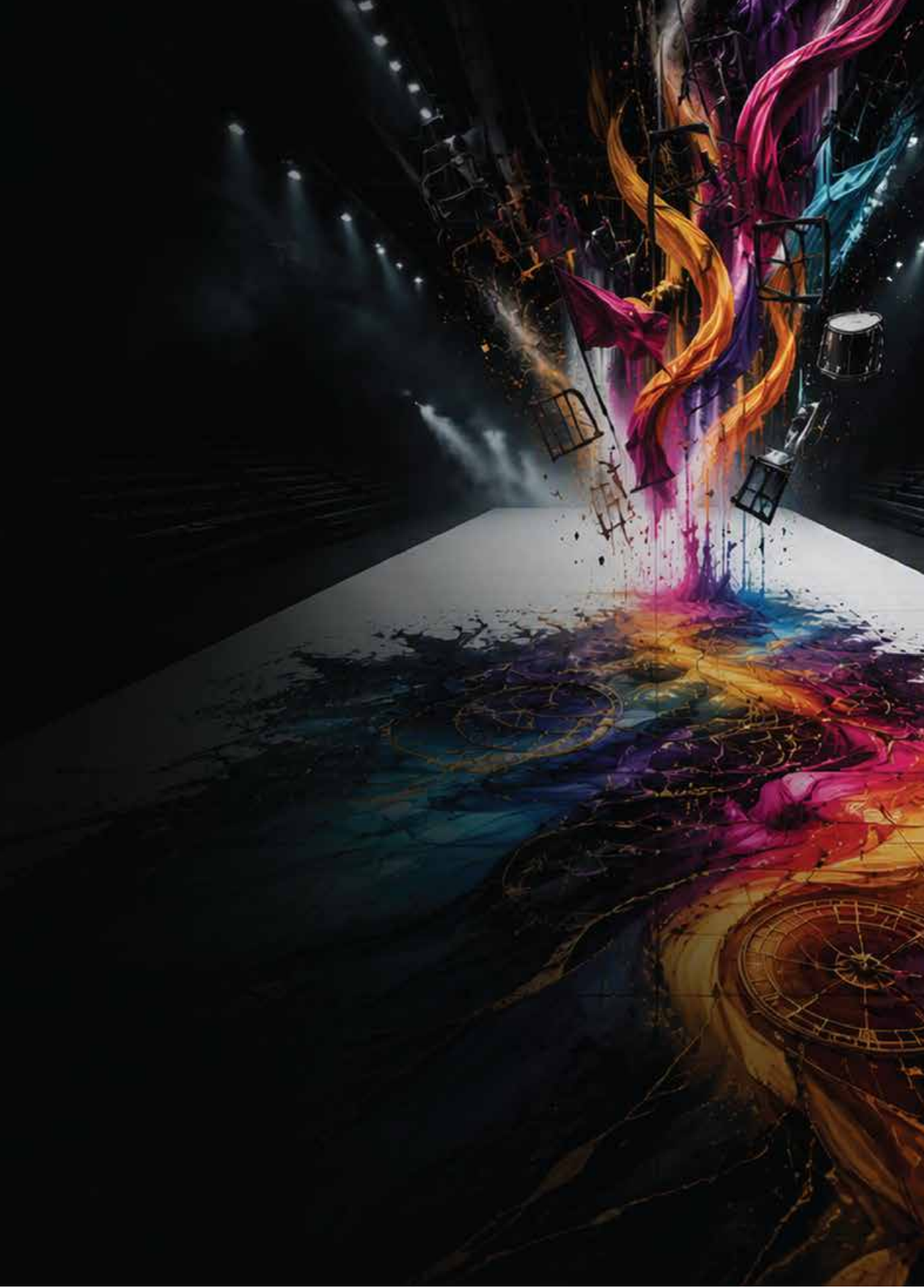 Colorful custom performance floor artwork sweeping through an arena