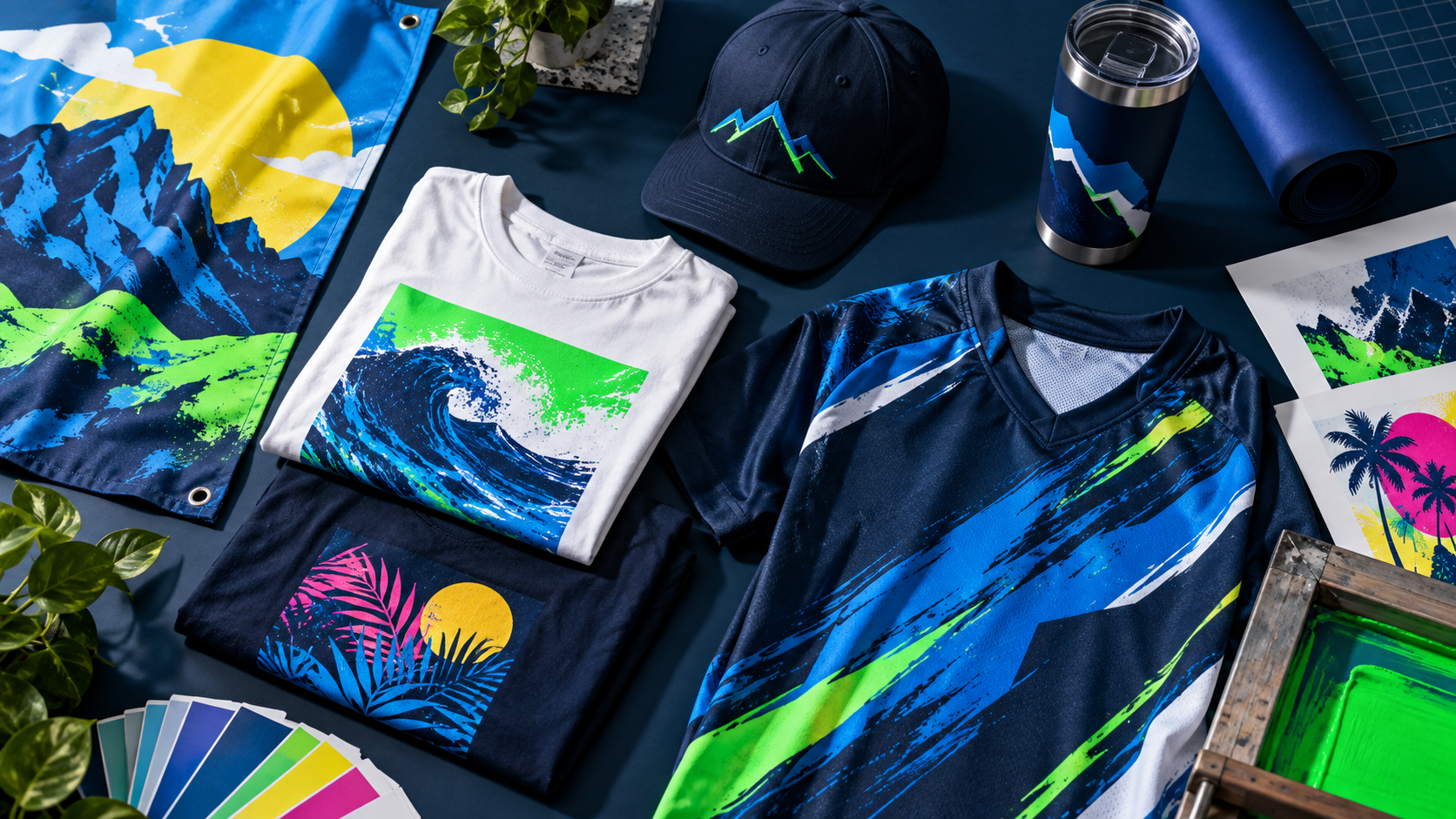 Coordinated custom apparel, teamwear, headwear, drinkware, and printed graphics