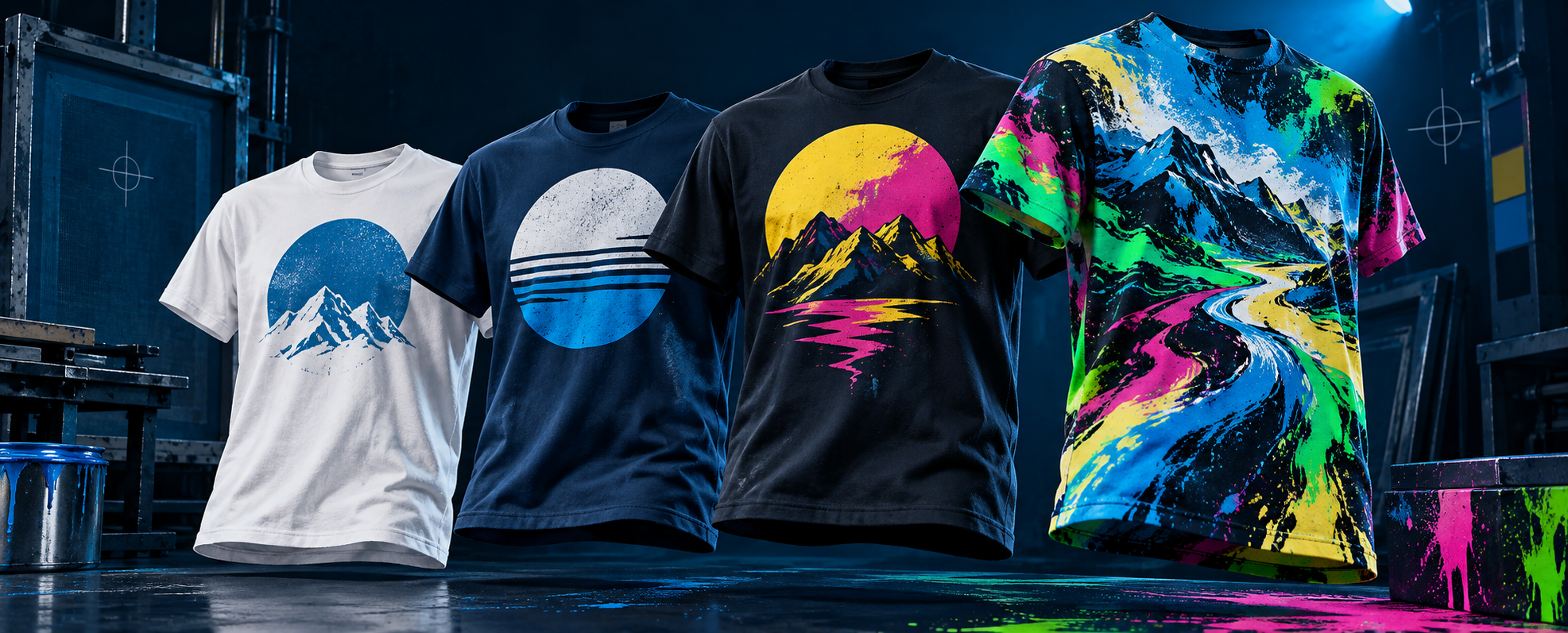 Four custom shirts progressing from simple printing to edge-to-edge color