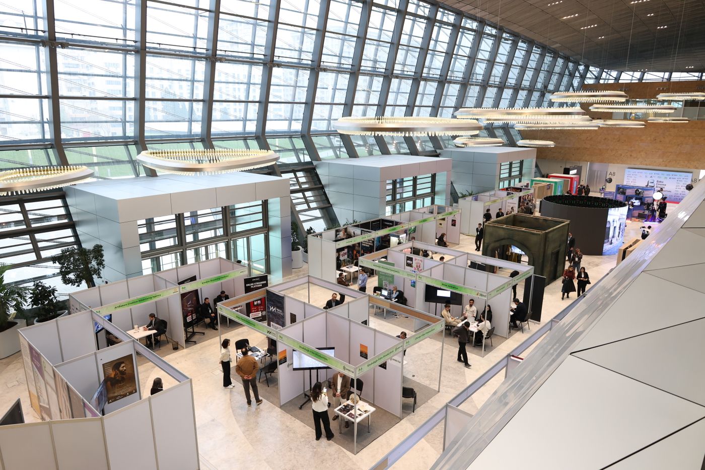 Trade-show exhibition hall with large-format displays